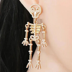 Spooky Skull Faux Pearl Earrings Jewelry Halloween Gold Tone
